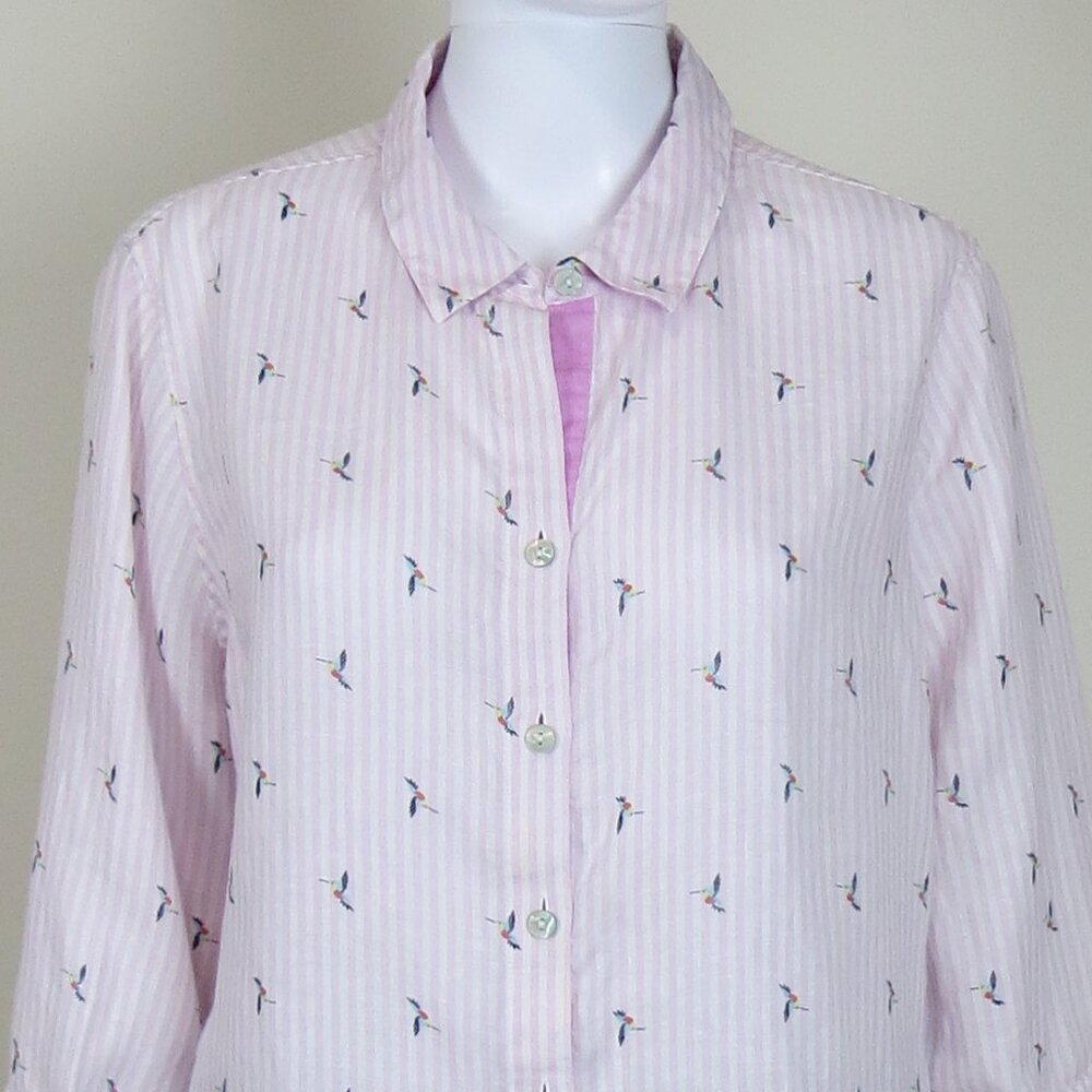Chico's Linen Button Down Top Pink White Striped Hummingbird Novelty SIZE 2 L/12